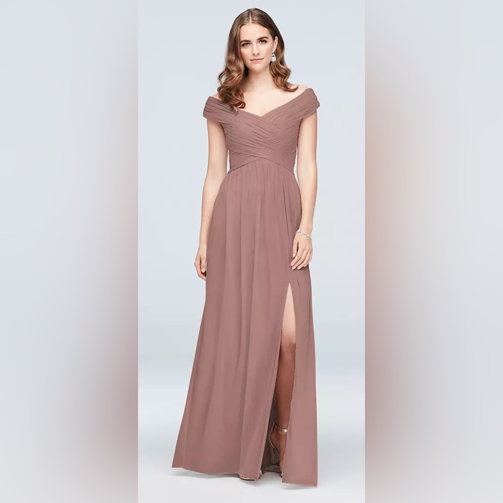 David's Bridal Mauve Off-the-Shoulder Chiffon Maxi Dress